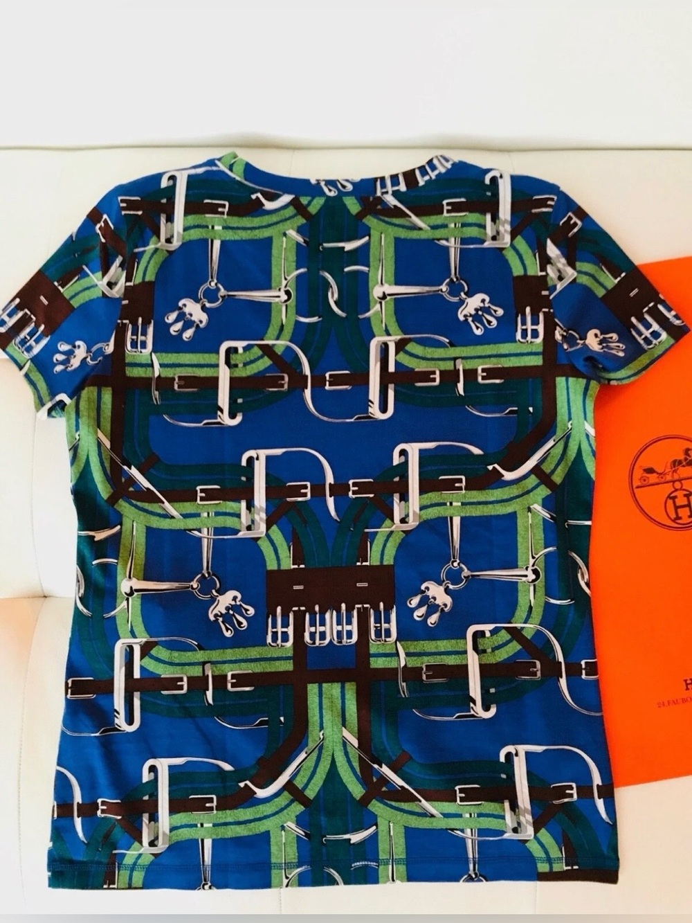 NEW HERMES “MORS A JOUETS” BLUE BROWN GREEN Cotton Jersey MICRO T-SHIRT size 36